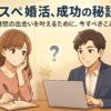 婚活戦略を考える男女のアニメ風イラスト。キャッチコピー「ハイスペ婚活、成功の秘訣は？」が配置されている。