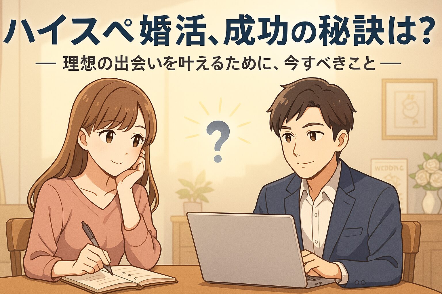婚活戦略を考える男女のアニメ風イラスト。キャッチコピー「ハイスペ婚活、成功の秘訣は？」が配置されている。