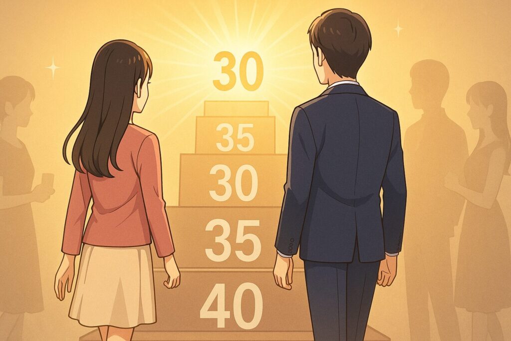 年齢が表示された階段を登る男女の後ろ姿のアニメ風イラスト。30の段に光が当たり、婚活のピークを象徴。