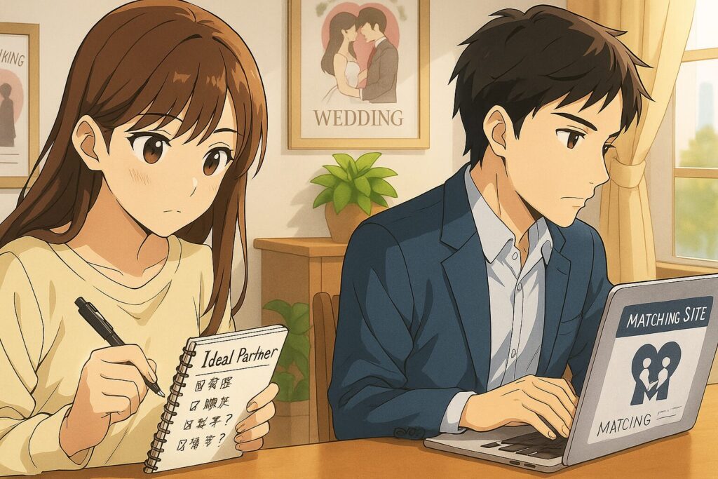 婚活計画を立てる男女のアニメ風イラスト。理想条件のメモと婚活サイトの画面が描かれた室内シーン。