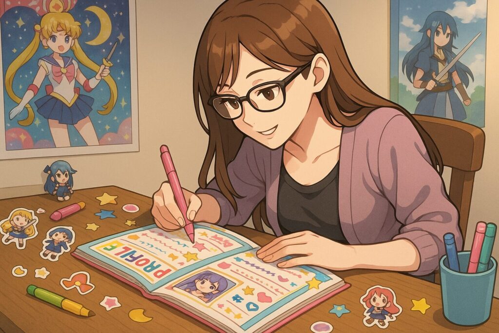 大人っぽいオタク女性が、机に広げたプロフィール帳にカラフルなシールやペンで楽しそうに書き込んでいる様子。アニメの装飾に囲まれた懐かしく温かな雰囲気の部屋。