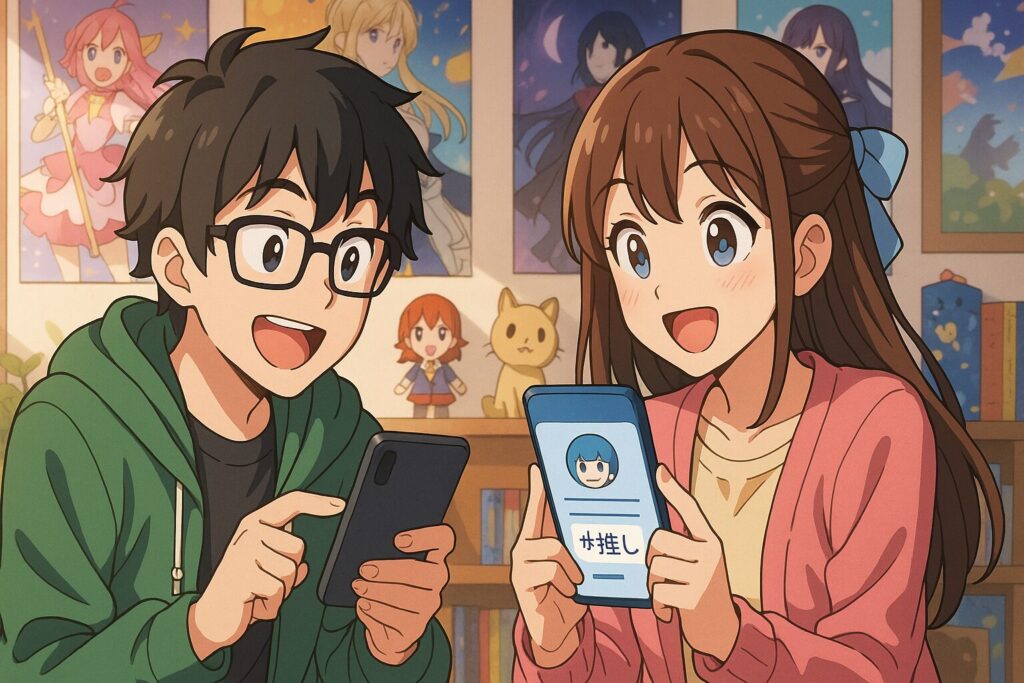 SNSプロフィールをスマホで編集する若い男女オタク。部屋にはアニメポスターやグッズが並び、楽しげな雰囲気が漂っている。