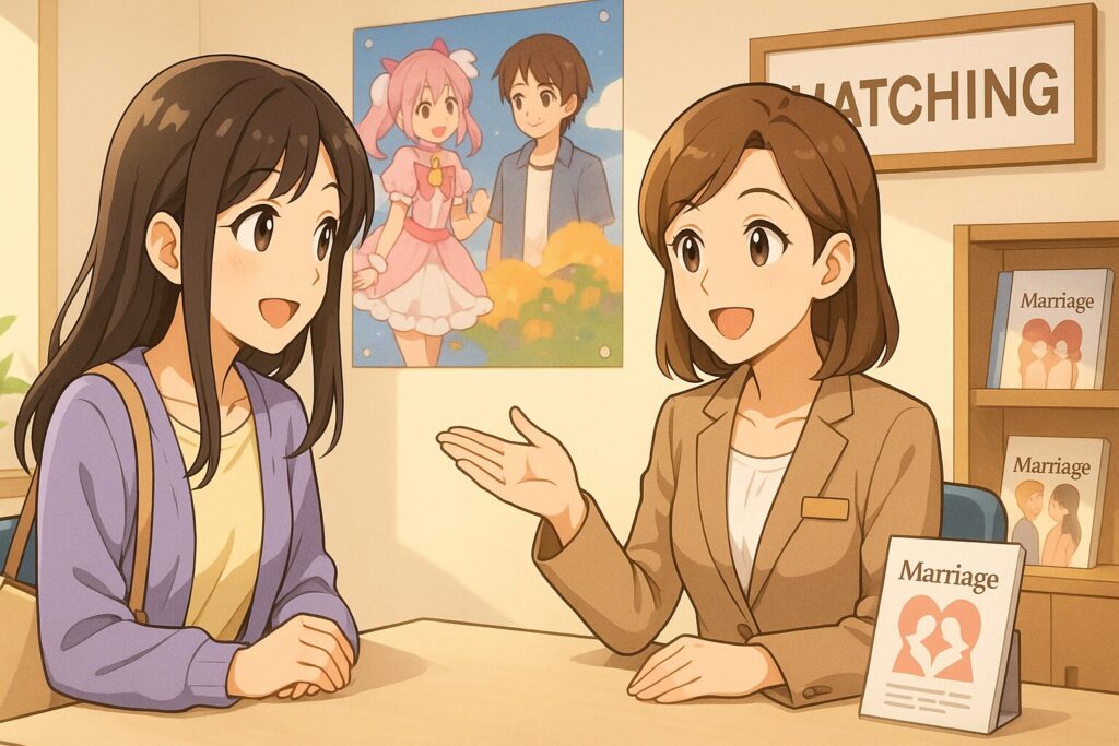 明るい相談所のカウンターで、オタク女性がアドバイザーと笑顔で相談している様子。背景にはアニメのポスターや結婚相談資料が並び、前向きで希望に満ちた雰囲気。イメージ：スピっと婚活ライフ