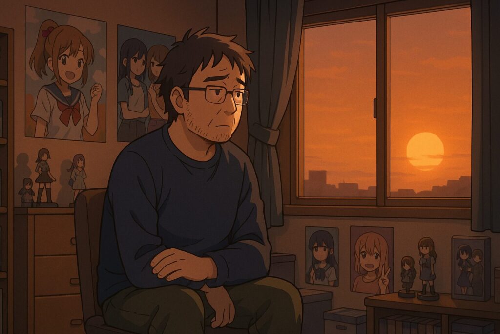 夕暮れの光が差し込む部屋で、アニメグッズに囲まれ一人座る中年オタク男性。静かで少し切ない雰囲気。イメージ：スピっと婚活ライフ