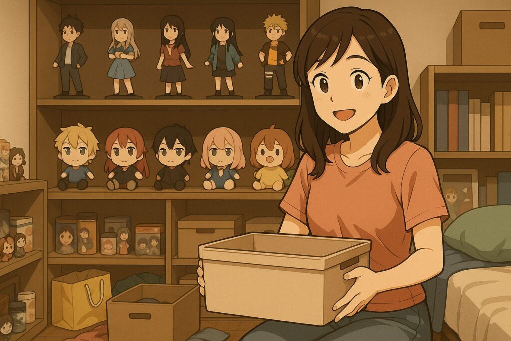 狭い部屋でアニメグッズの整理に奮闘する笑顔のオタク女子のイラスト
