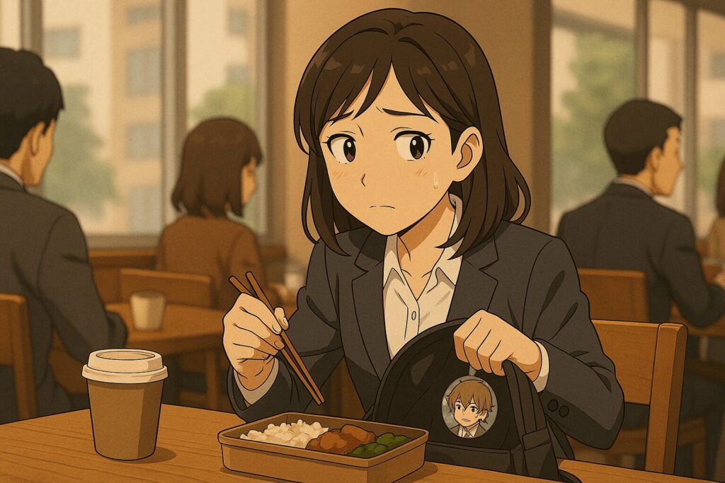 カフェで弁当を食べながら周囲を気にしてアニメバッジを隠し見るスーツ姿のオタク女子のイラスト