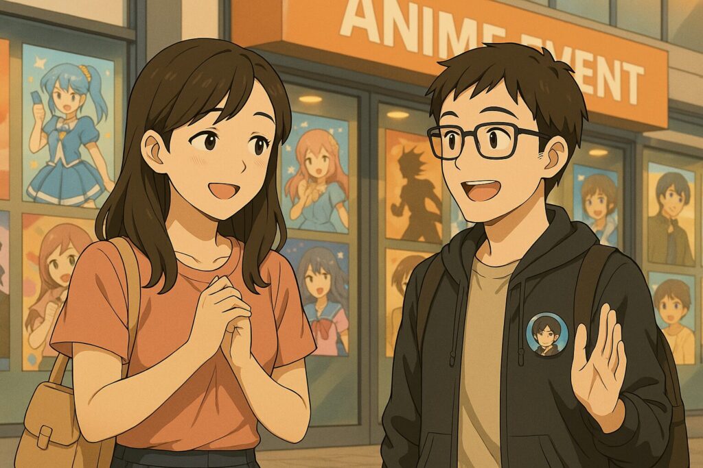 アニメイベント会場の外で楽しそうに会話するオタク女子と男性のイラスト