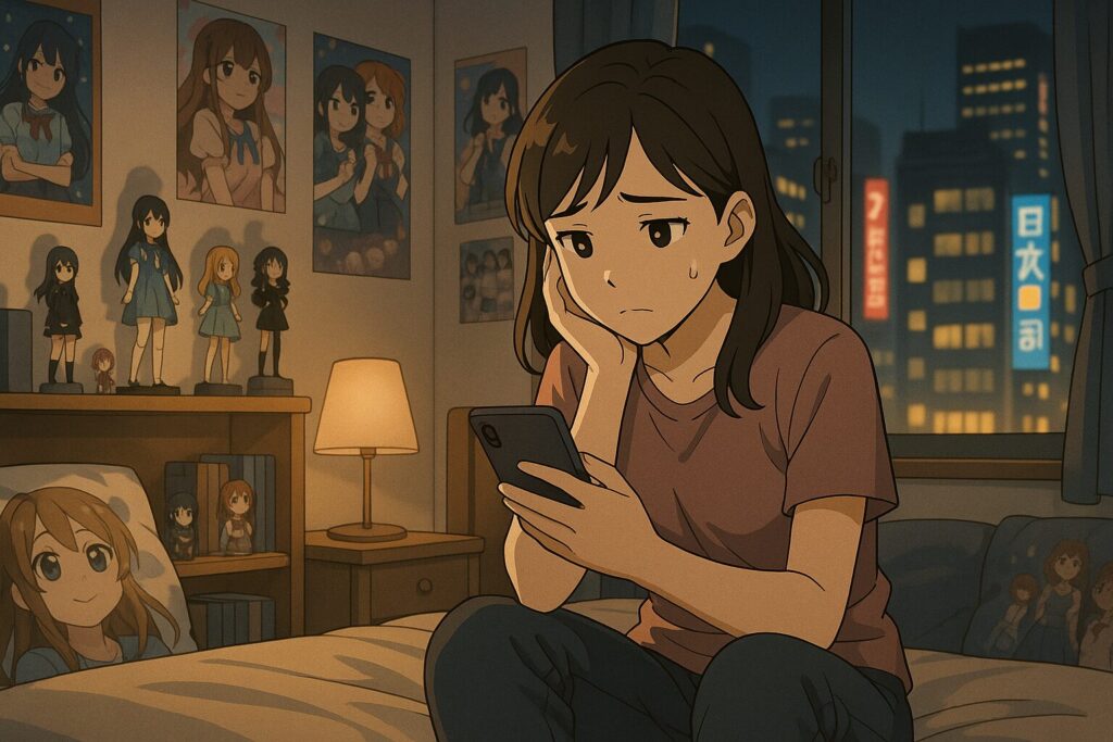 夜のアニメ部屋でスマホを見ながら悩むオタク女子の16:9イラストシーン