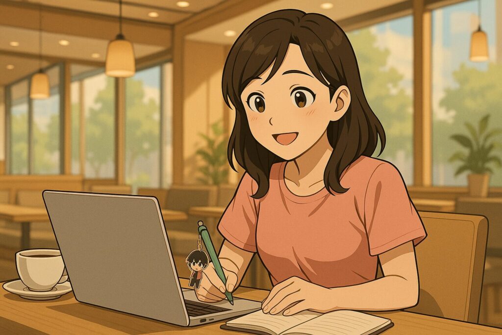 カフェで笑顔でノートを取りながら婚活に向けて前向きに学ぶオタク女子のイラスト