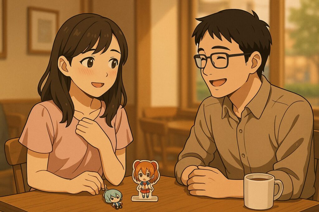 カフェでアニメグッズを挟んで向き合いながら笑顔で会話する男女のイラスト