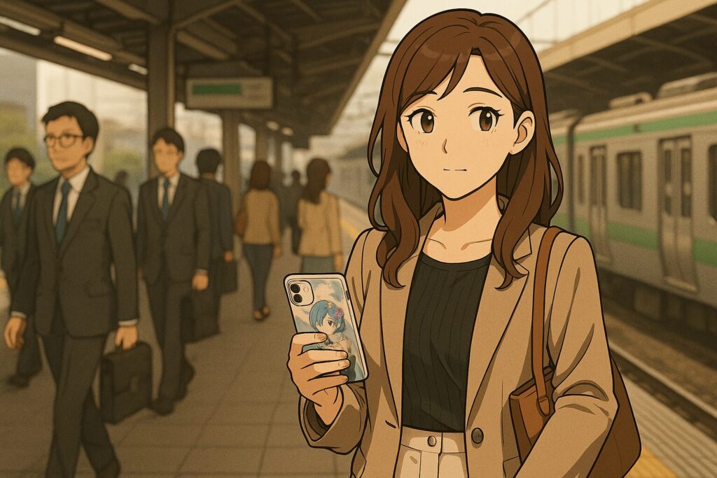 駅のホームでアニメスマホケースを持ちながら自然体で立つおしゃれなオタク女子のイラスト
