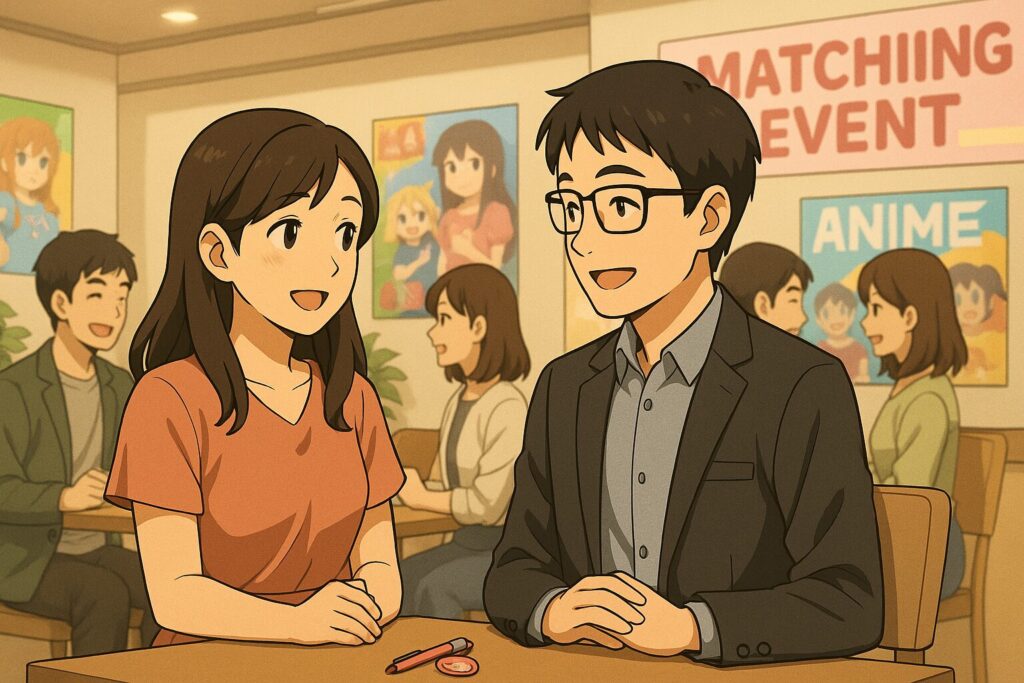 ヲタ婚イベント会場で笑顔を交わす男女と周囲で会話を楽しむカップルたちのイラスト