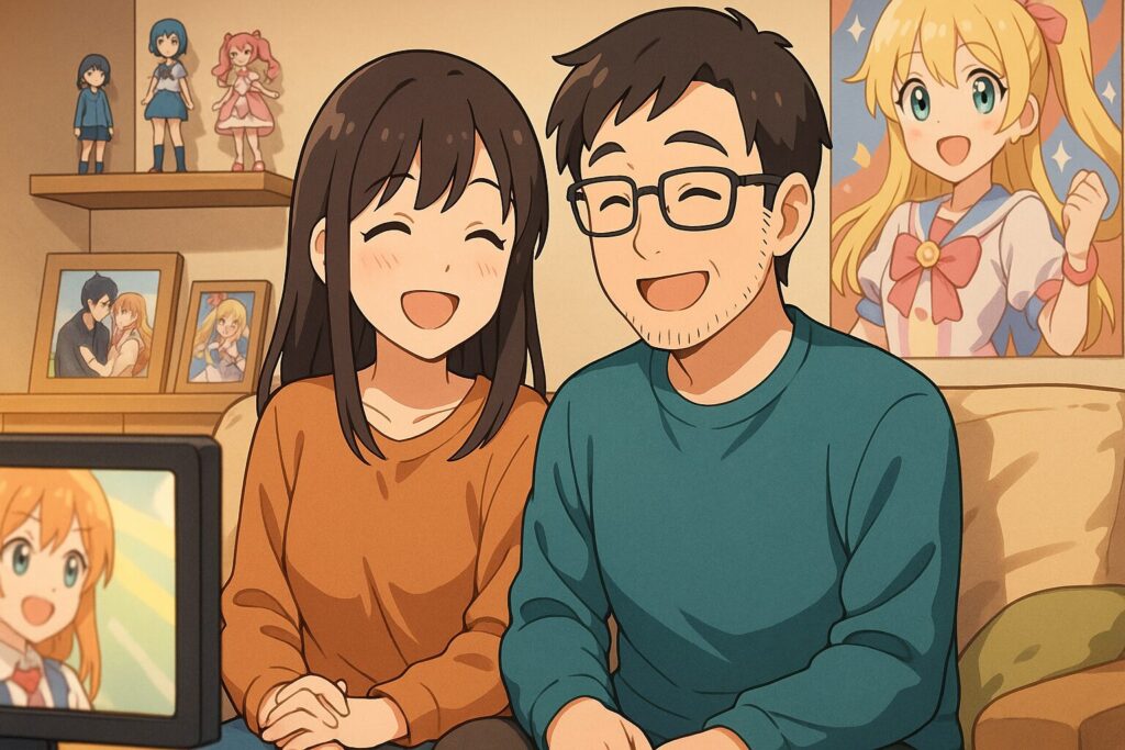 アニメグッズに囲まれたリビングで仲良く座り、笑顔でアニメを楽しむオタクカップルのイラスト。温かく穏やかな家庭的な雰囲気。イメージ：スピっと婚活ライフ