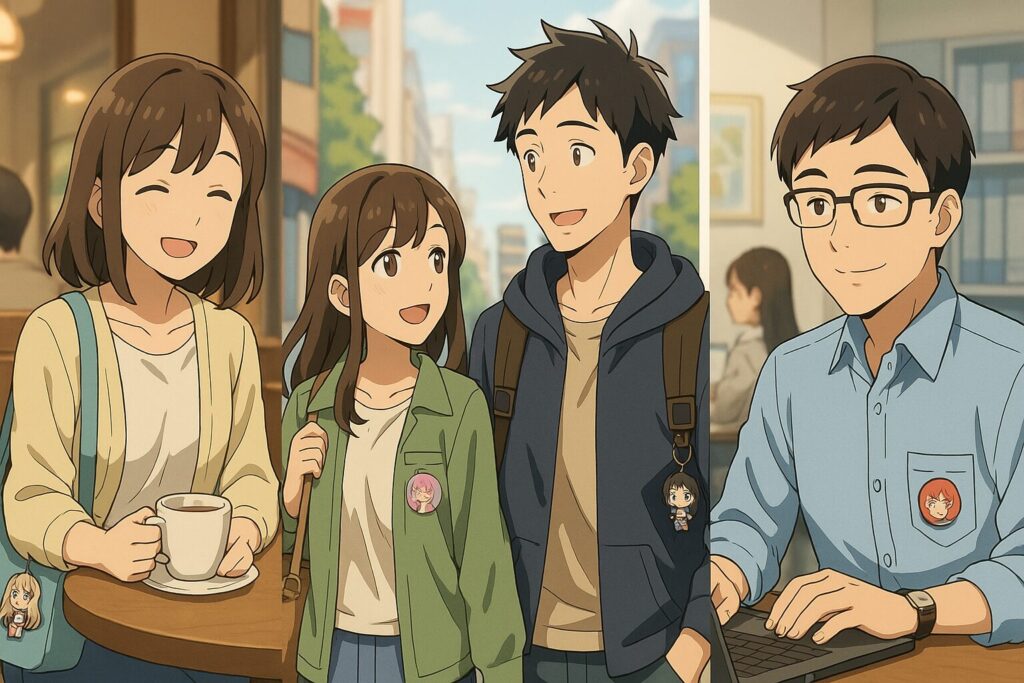 カフェや街中、職場で穏やかに日常を過ごす複数のオタク男女のアニメ風イラスト。さりげなくアニメグッズを身につけ、全員が自然体で幸せそうな表情をしている。イメージ：スピっと婚活ライフ