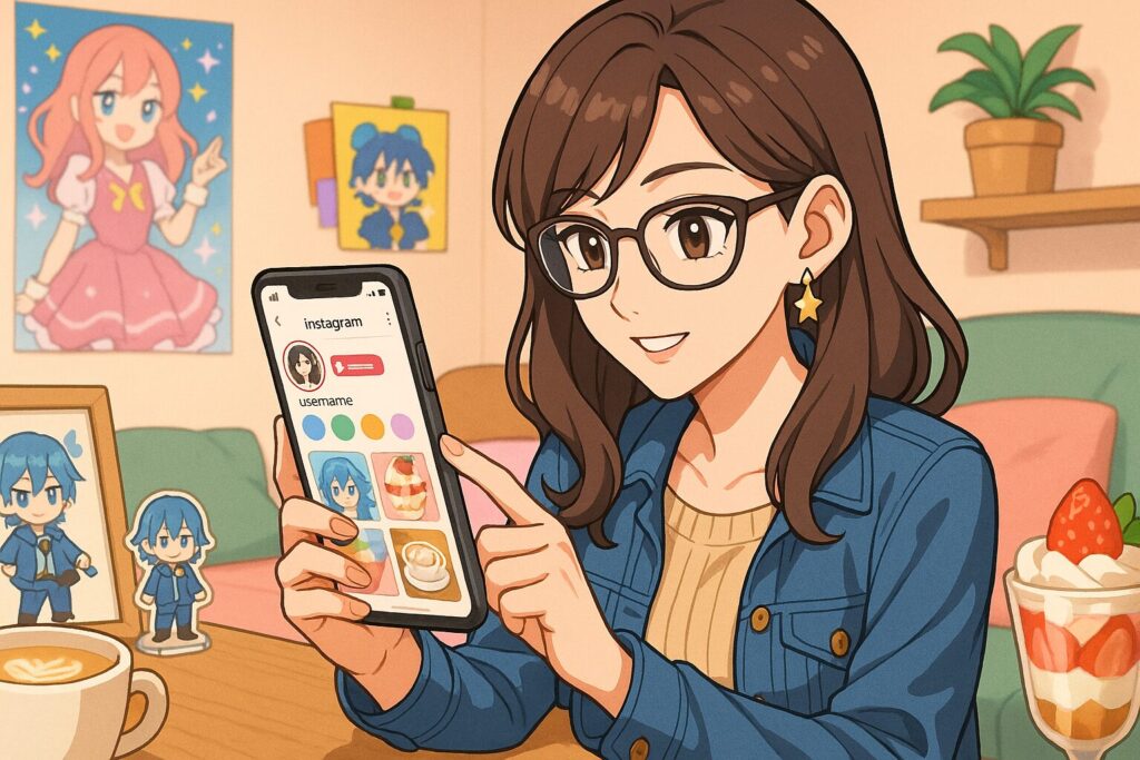 インスタのプロフィールをスマホで編集している大人っぽいオタク女性のアニメ風イラスト。カフェ風アイテムと推しグッズに囲まれた明るい室内。