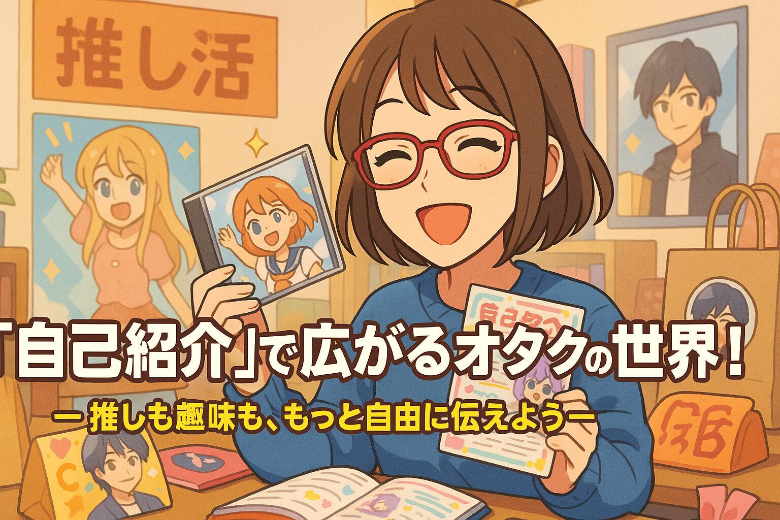 自己紹介カードやアニメグッズに囲まれて笑顔を見せるオタク、部屋の中は「推し活」ポスターやCDで彩られ、「自己紹介」で広がるオタクの世界！というキャッチコピーが描かれている。