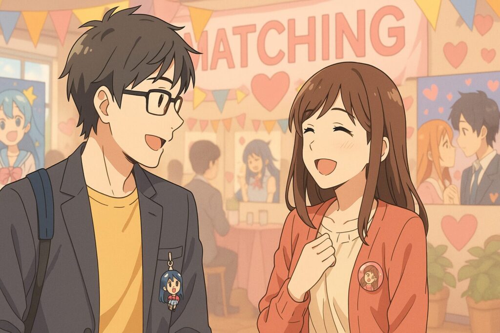 アニメ風の婚活イベント会場で、アニメ好きを共通点に笑顔で会話する男女。背景にはアニメ風のポスターや装飾が施され、希望に満ちた雰囲気。イメージ：スピっと婚活ライフ