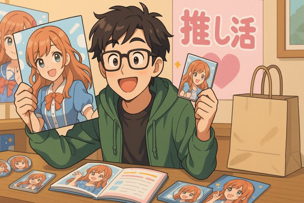 アニメグッズやCDを嬉しそうに並べるオタクが、推し活のポスターと紙袋に囲まれながら、推しへの愛情と満足感を表現している様子のアニメ風イラスト。