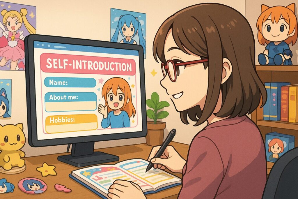 PCで自己紹介カードを作成中のオタク。画面にはカラフルなテンプレートが映り、部屋にはアニメグッズが並ぶ。満足そうな表情で作業する様子が描かれている。