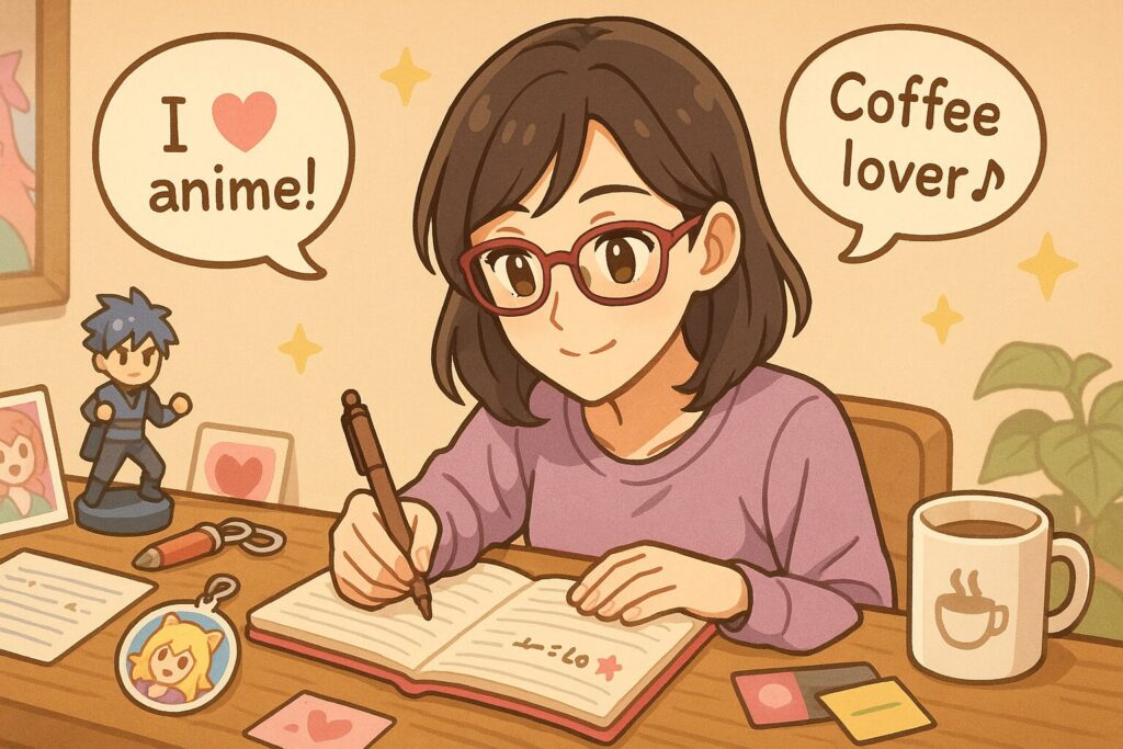ノートに一言プロフィールを書き込む大人のオタク女性。推しグッズとメモが周囲にあり、吹き出しには「I ♥ anime!」「Coffee lover♪」の例文が浮かぶ。楽しげで創造的な雰囲気。