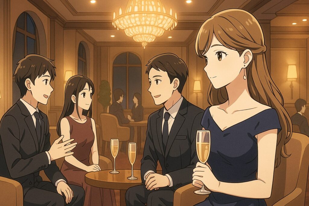 高級感のある婚活パーティーのアニメ風イラスト。上品に会話する男女が描かれる。