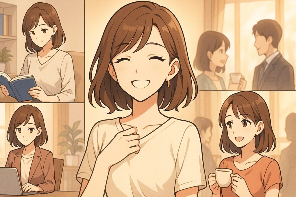 魅力的に日常を楽しむ女性のアニメ風イラスト。読書や仕事など多面的な魅力を表現。