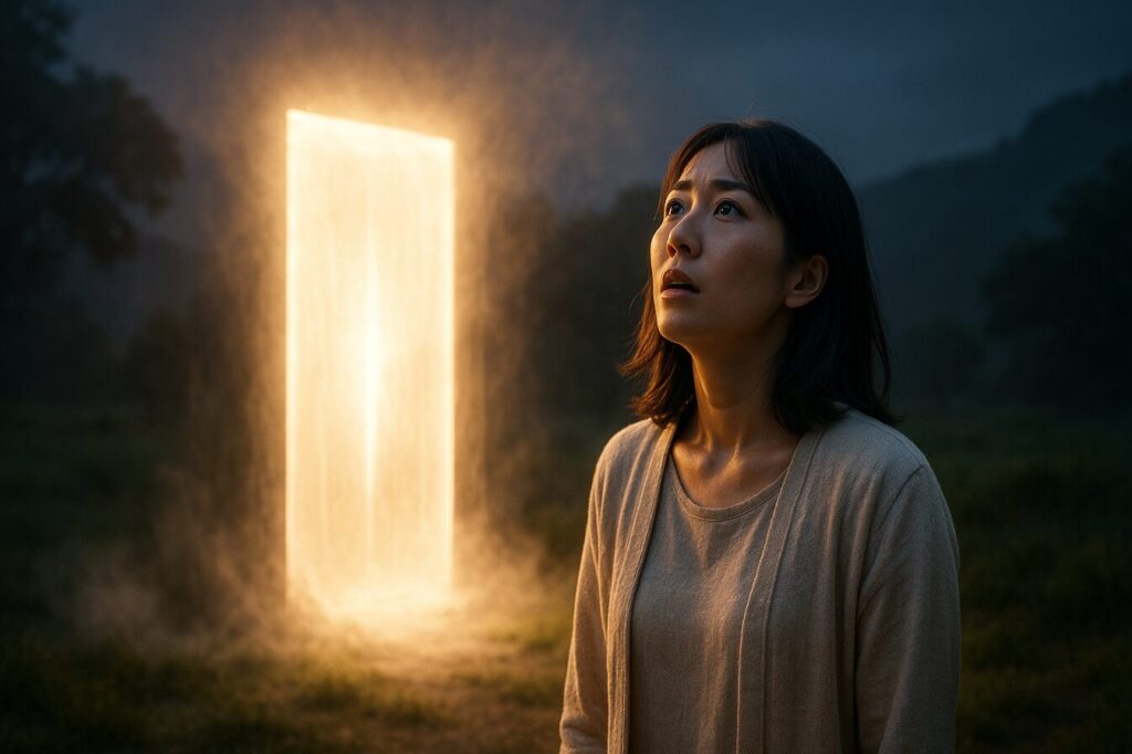 エンジェルナンバー1111を見ても恋愛がうまくいかないあなたへ。そのサインに隠された警告と本当の意味 光り輝く神秘的なゲートを見上げる日本人女性。エンジェルナンバー1111が示す人生の転機を表現したイメージ