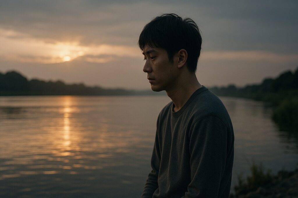 エンジェルナンバー1111を見ても恋愛がうまくいかないあなたへ。そのサインに隠された警告と本当の意味 夕暮れの川辺に立つ日本人男性。別れの悲しみと新しい始まりの希望を象徴する風景