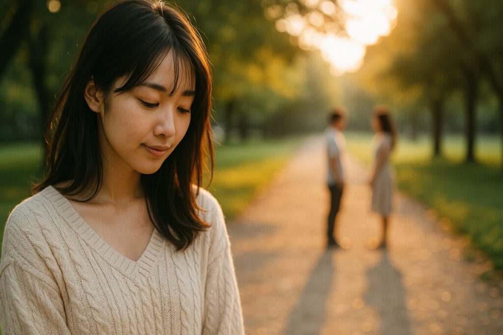 夕暮れの公園でうつむき加減に微笑む日本人女性。背景には手を取り合うカップルのシルエット