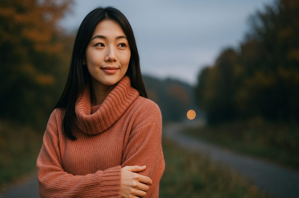 秋の並木道で柔らかく微笑む日本人女性。温かいセーターを着て遠くを見つめている姿