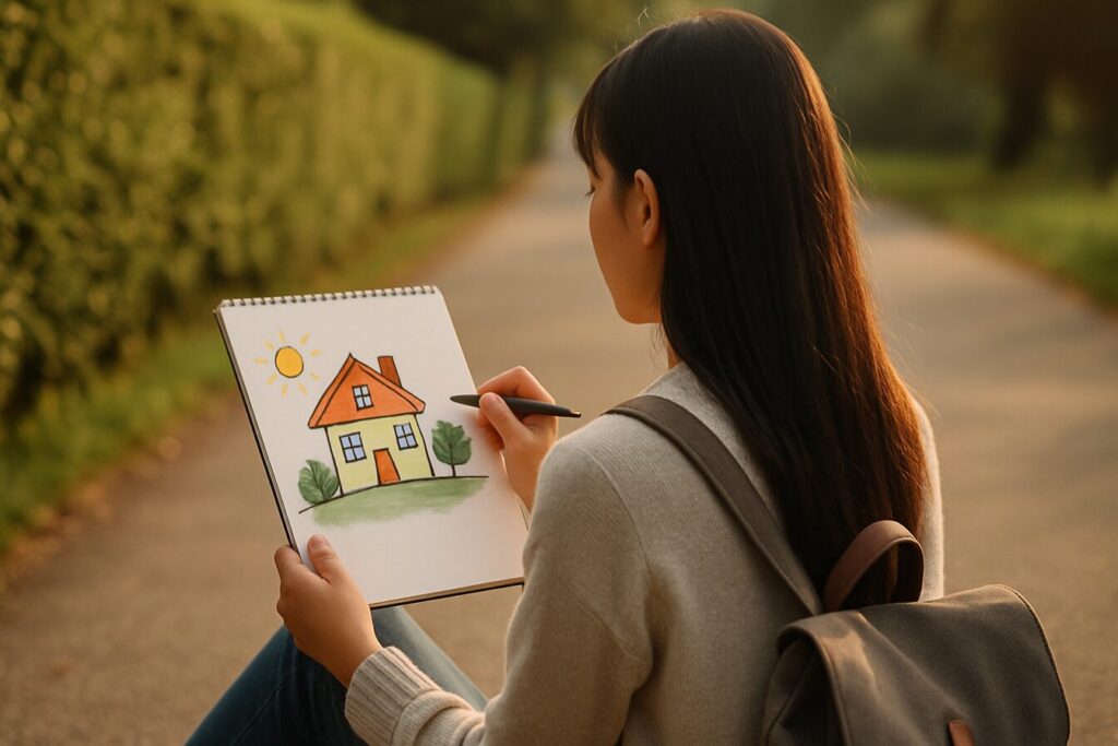 小道に座りスケッチブックにカラフルな家を描いている日本人女性。夕日の光に包まれている