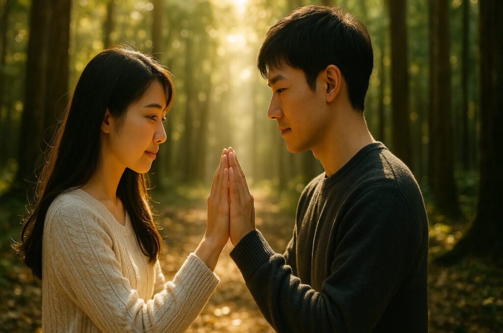 木漏れ日の差し込む森の中で向かい合い、互いを見つめながらそっと手を合わせる日本人カップルの姿。温かい光に包まれた神秘的な雰囲気