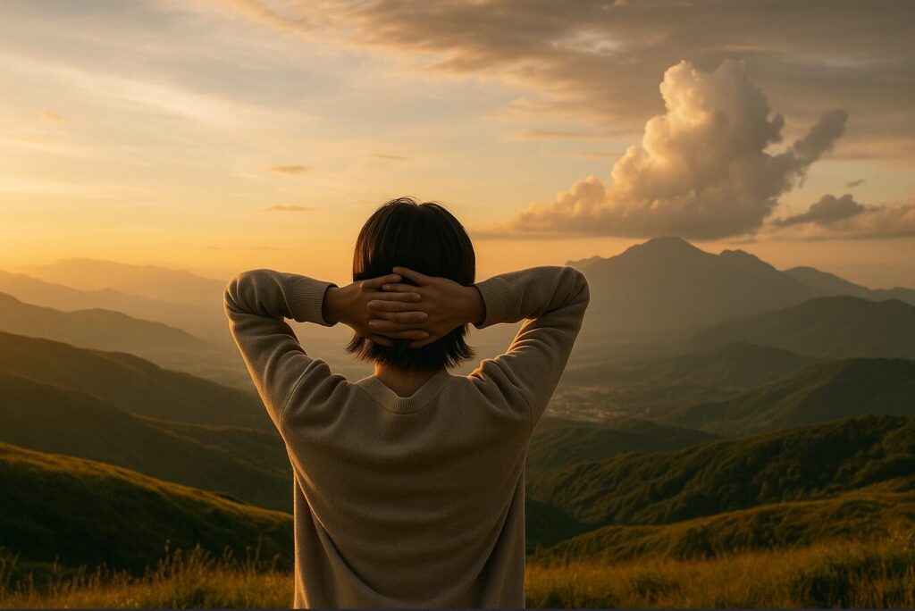 山々と雲を望む丘の上で、両手を頭の後ろに組み夕日を眺める人物の後ろ姿