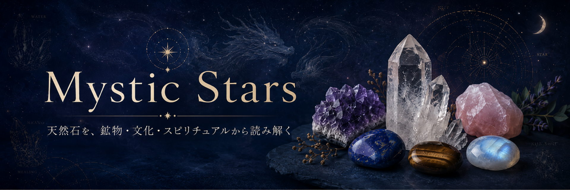 星空と天然石を背景に龍神が静かに浮かぶMystic Starsのヘッダー画像