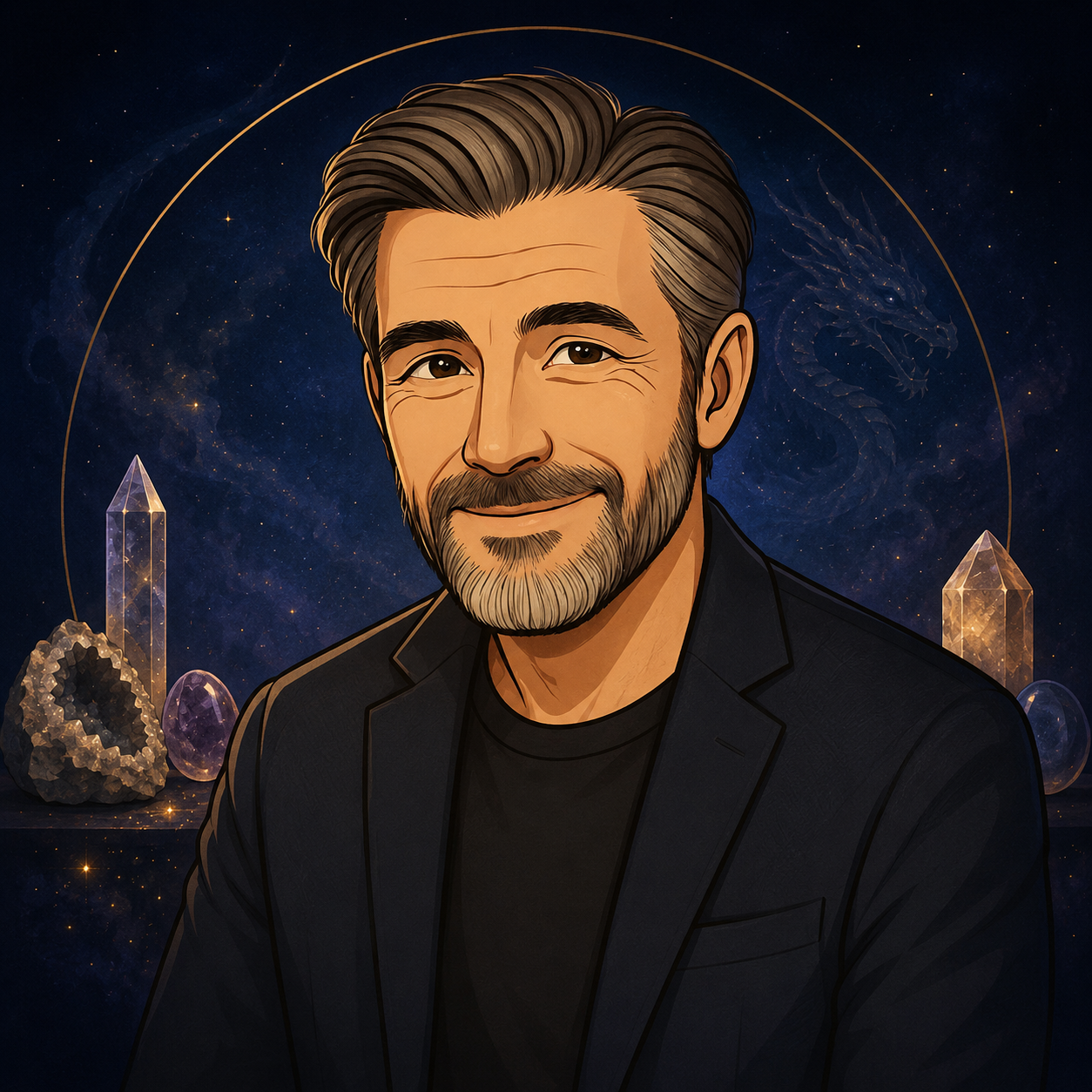 星空と天然石を背景に、穏やかな表情でほほ笑む男性のプロフィールイラスト