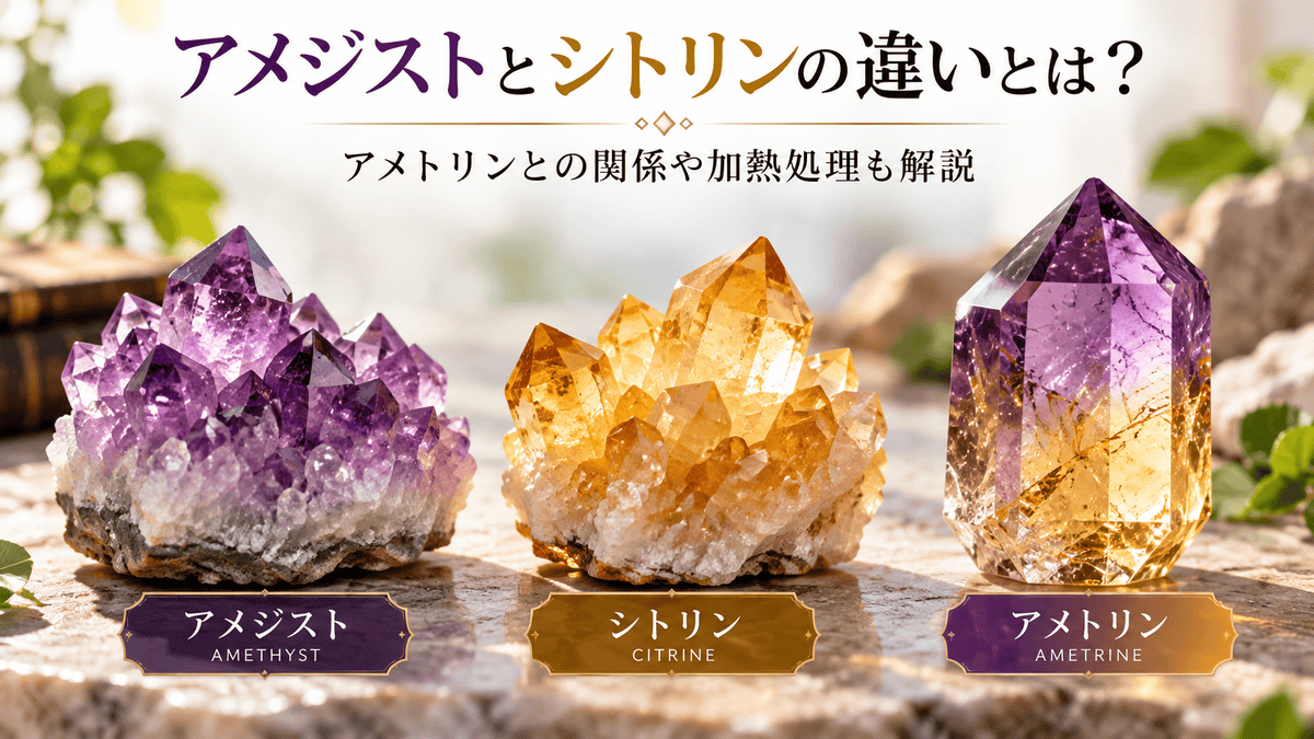 紫色のアメジスト、黄色のシトリン、紫色と黄色が共存するアメトリンを左から並べた比較イメージ画像