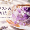 アメジストの原石やクラスター、丸玉を水晶のさざれ石と貝殻の皿に並べ、「アメジストの浄化方法」「浄化の意味と石を傷めない注意点」の文字を添えたアイキャッチ画像 コピー