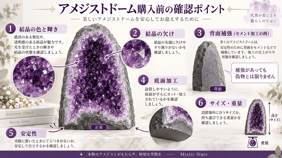 アメジストドーム購入前の確認ポイントを示した図解。結晶の色や欠け、背面補強、底面加工、設置時の安定性、サイズと重量を説明