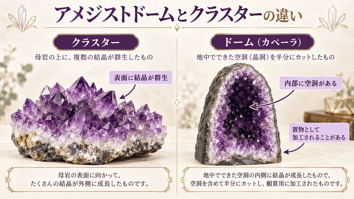 アメジストクラスターとドームの形状を比較した図解。母岩の表面に結晶が集まるクラスターと、内部の空洞に結晶が並ぶドームの違い