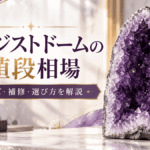 紫色の結晶が内部に広がるアメジストドームと「アメジストドームの値段相場｜サイズ・補修・選び方を解説」の文字を配置したアイキャッチ画像
