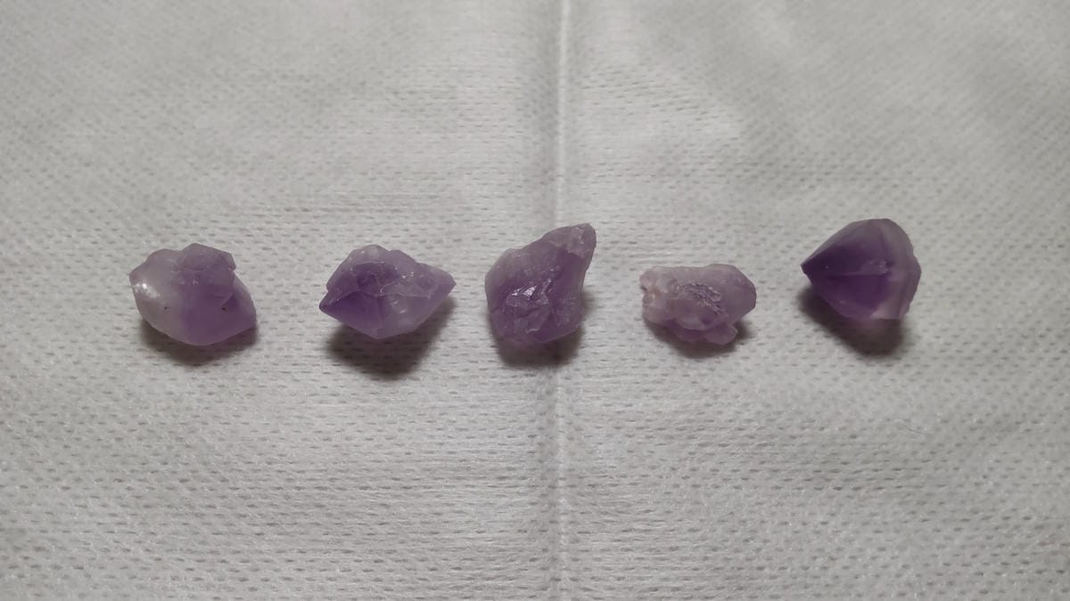 アメジストとは?紫水晶の特徴・硬度・成分を鉱物学から解説 アメジストの原石5個を横一列に並べ、紫色の濃淡と形を見比べた様子