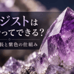 紫色のアメジスト結晶の先端を背景に、結晶の成長と紫色になる仕組みを紹介するアイキャッチ画像
