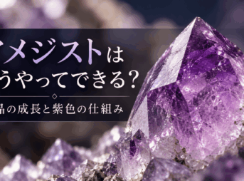 紫色のアメジスト結晶の先端を背景に、結晶の成長と紫色になる仕組みを紹介するアイキャッチ画像