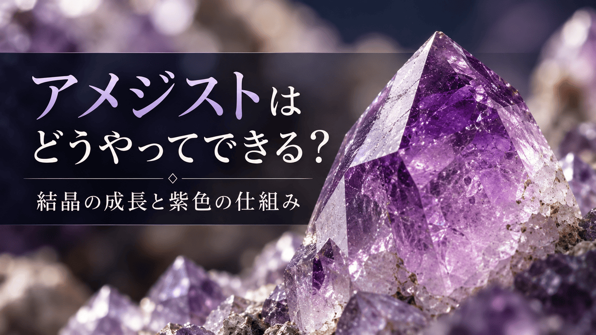紫色のアメジスト結晶の先端を背景に、結晶の成長と紫色になる仕組みを紹介するアイキャッチ画像