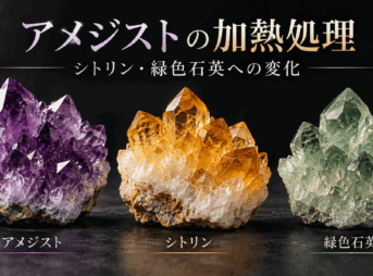 アメジストの加熱処理による色の変化を解説するイメージ画像。紫色のアメジスト、黄色のシトリン、緑色石英の結晶を並べた比較図