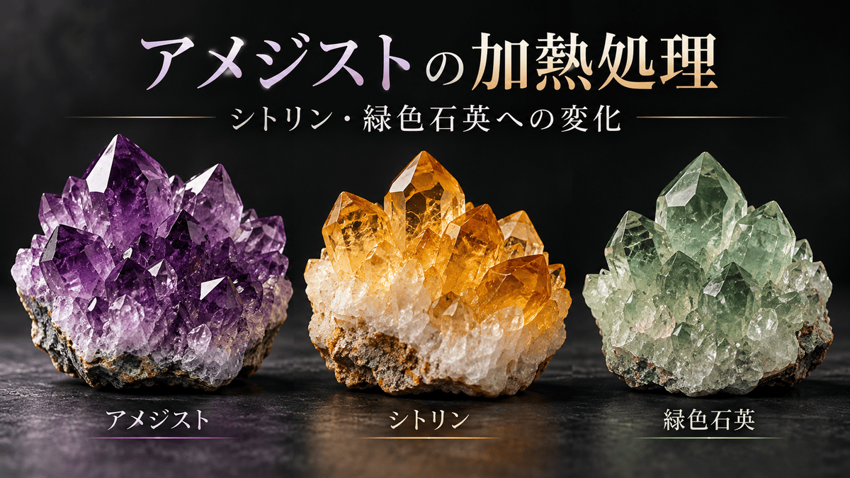 アメジストの加熱処理による色の変化を解説するイメージ画像。紫色のアメジスト、黄色のシトリン、緑色石英の結晶を並べた比較図