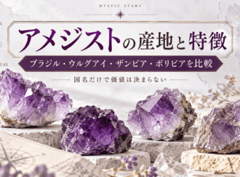 アメジストの原石と世界地図を背景に、ブラジル・ウルグアイ・ザンビア・ボリビアの主要産地と特徴を紹介するアイキャッチ画像