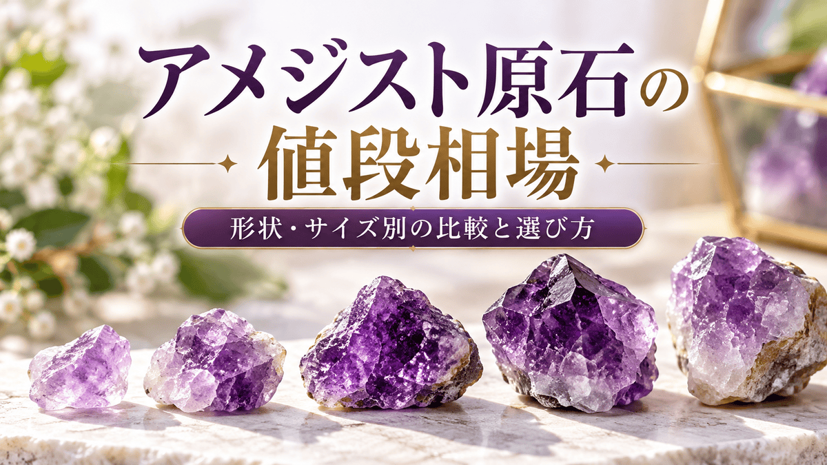 紫色の濃淡や形が異なる5個のアメジスト原石と「アメジスト原石の値段相場｜形状・サイズ別の比較と選び方」の文字を配置したアイキャッチ画像