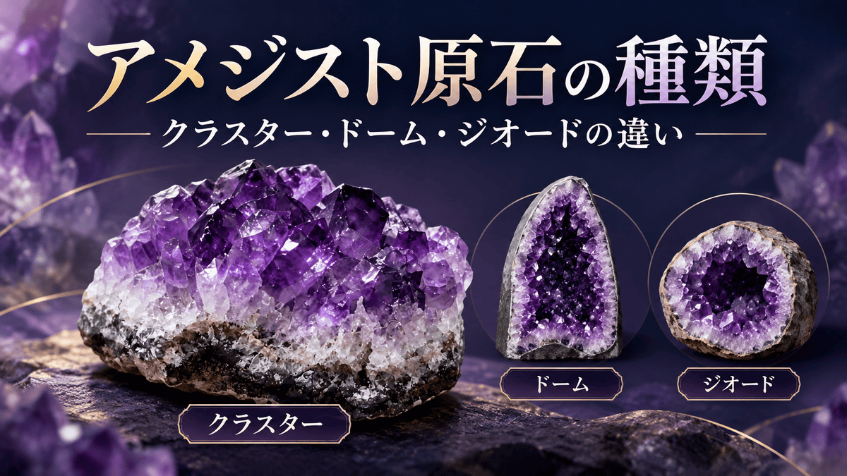 アメジスト原石の種類を比較したイメージ画像。紫色の結晶が集まったクラスター、縦長のドーム、内部に空洞があるジオードを並べ、それぞれの形状の違いを紹介