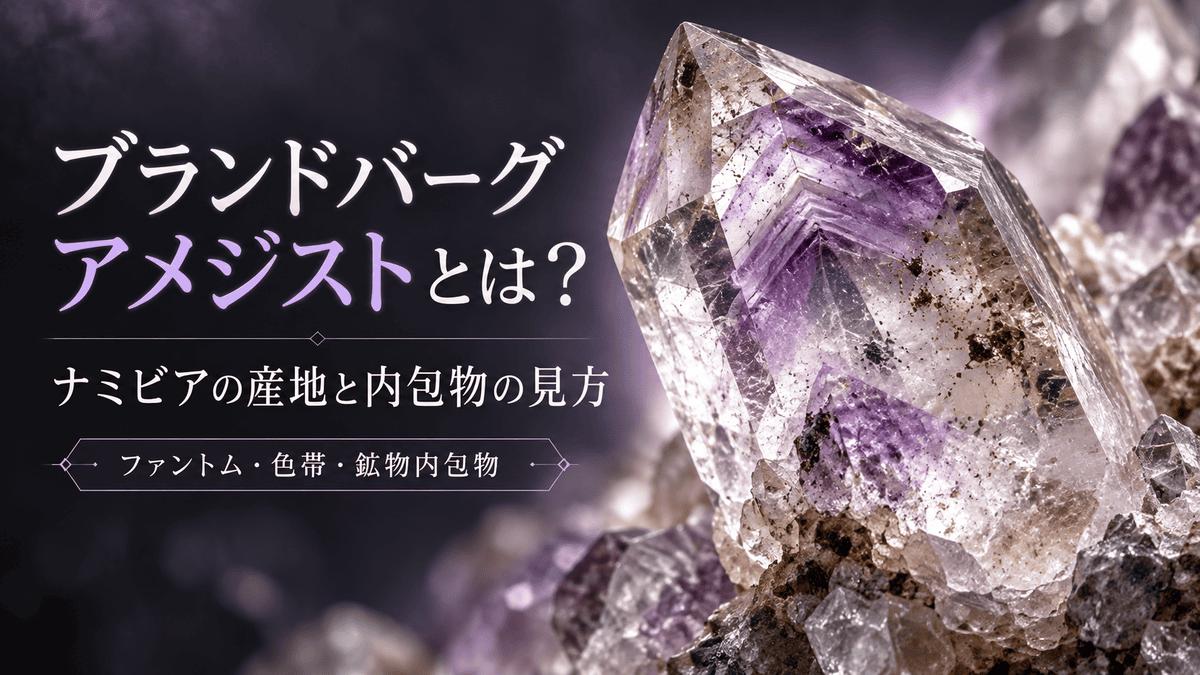 ブランドバーグアメジストの特徴を表現したイメージ画像。透明な結晶内部に紫色のファントムや色帯、赤褐色の微細な内包物が見える